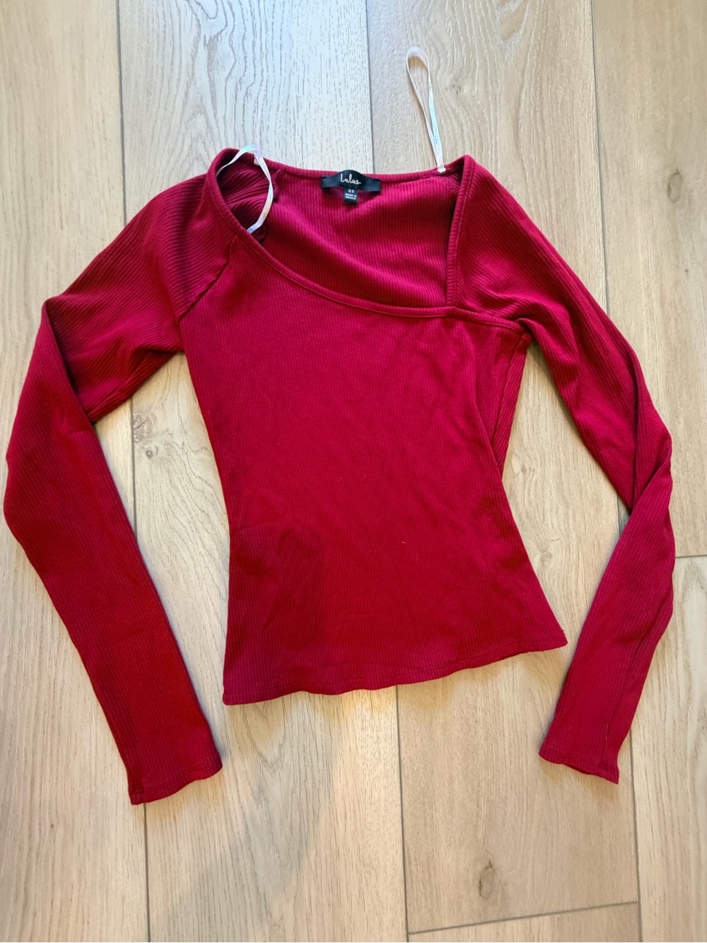 Lulu's Crimson Ribbed Long-Sleeve Asymmetrical Neck Top